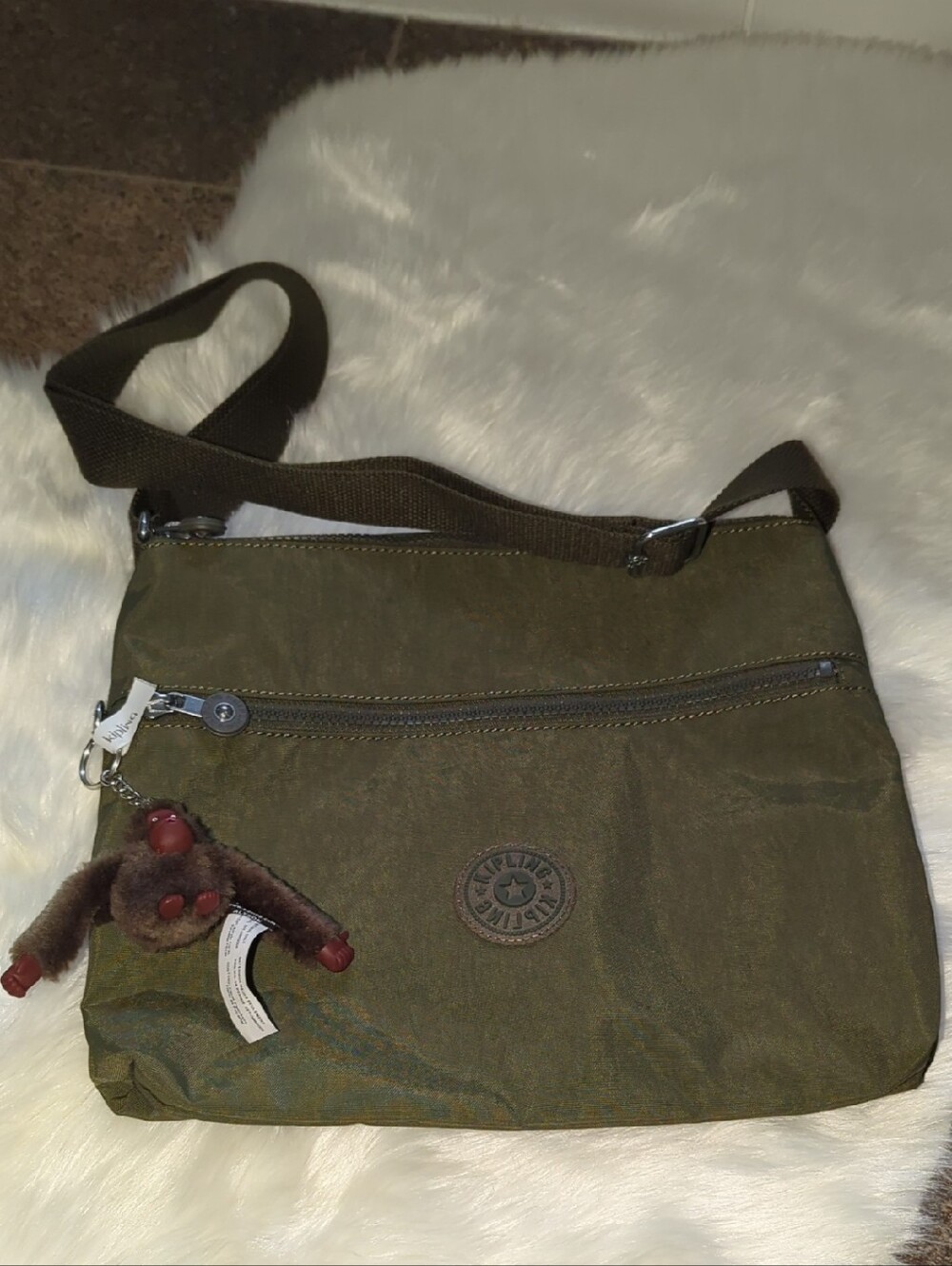 Kipling Dark Green Crossbody Messenger with Monkey Charm